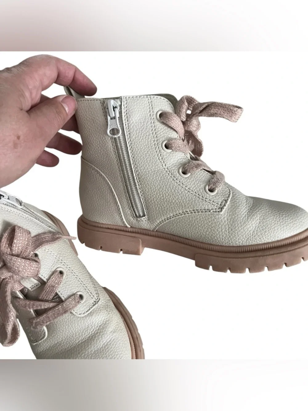 Cat & Jack Cream Leather Ankle Boots with Pink Laces
